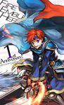  armor blue_eyes cape cosplay durandal_(fire_emblem) eliwood_(fire_emblem) eliwood_(fire_emblem)_(cosplay) fire_emblem fire_emblem:_fuuin_no_tsurugi fire_emblem:_rekka_no_ken fire_emblem_heroes headband highres holding holding_weapon looking_at_viewer male_focus official_art red_hair roy_(fire_emblem) smile solo sword wada_sachiko weapon 