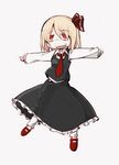  :d black_skirt blonde_hair blouse bolos bow full_body hair_between_eyes hair_bow long_sleeves mary_janes necktie open_mouth outstretched_arms red_bow red_eyes red_footwear red_neckwear rumia shirt shoes short_hair simple_background skirt smile solo touhou white_blouse white_shirt wing_collar 
