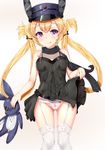  animal_ears ass_visible_through_thighs bandaid bangs bare_shoulders black_dress black_hat black_scarf blonde_hair blush breasts bunny_ears closed_mouth commentary_request dress dress_lift eyebrows_visible_through_hair fake_animal_ears garter_straps girls_frontline gmkj hair_ornament hair_rings hat highres holding holding_stuffed_animal legs_apart long_hair looking_at_viewer panties peaked_cap purple_eyes scarf simple_background small_breasts solo sr-3mp_(girls_frontline) standing stuffed_animal stuffed_toy thighhighs tongue tongue_out twintails underwear white_background white_legwear white_panties 