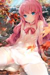  arm_support autumn autumn_leaves bangs bare_arms bare_shoulders blue_eyes blurry blurry_background censored chen_bin choker closed_mouth copyright_request day detached_collar dress flat_chest leaning_back long_hair looking_at_viewer mosaic_censoring navel no_bra no_panties outdoors pink_hair pussy see-through short_dress sitting smile solo stream thighhighs wavy_hair wet wet_clothes white_dress white_legwear 