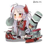  ahenn antenna_hair azur_lane black_gloves chibi commentary_request finger_in_mouth gloves hair_ornament iron_cross long_hair lowres machinery prinz_eugen_(azur_lane) silver_hair simple_background sitting solo turret twitter_username two_side_up white_background yellow_eyes 