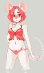  albino anthro babydoll blush breasts candybrat clothing female front_view fur grey_background hair looking_at_viewer mammal mouse navel panties pink_hair portrait raised_arm red_eyes red_hair rodent simple_background solo standing underwear white_fur 