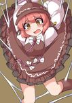  blush breasts brown_background brown_legwear commentary_request dress earrings frilled_dress frills fun_bo hat jewelry kneehighs long_sleeves medium_breasts mystia_lorelei open_mouth pink_hair puffy_long_sleeves puffy_sleeves short_hair silk solo spider_web touhou trapped yellow_eyes 