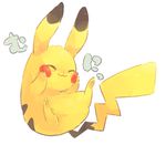  blush closed_eyes closed_mouth full_body gen_1_pokemon hands_on_own_cheeks hands_on_own_face hideko_(l33l3b) no_humans pikachu pokemon pokemon_(creature) simple_background smile solo white_background 