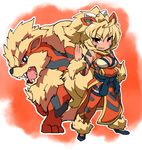  arcanine bare_shoulders blue_footwear breasts brown_eyes cleavage cleavage_cutout dog_ears dog_tail dress eyebrows_visible_through_hair fukurou_(owl222) fur_trim gen_1_pokemon grin highres large_breasts moemon pelvic_curtain personification pokemon pokemon_(creature) ponytail red_background red_dress red_eyes red_legwear sash sharp_teeth shoes short_hair smile solo standing tail tattoo teeth thighhighs v-shaped_eyebrows 
