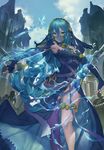  absurdres aqua_(fire_emblem_if) armor armpits bare_shoulders blue_bow blue_dress blue_gloves blue_hair bow breasts building closed_mouth day dress elbow_gloves fingerless_gloves fire_emblem fire_emblem_if gloves green_eyes hair_between_eyes hair_tubes hairband highres hydrokinesis knight long_hair looking_at_viewer low-tied_long_hair magician_(china) md5_mismatch medium_breasts outdoors outstretched_arms purple_legwear see-through single_thighhigh small_breasts smile solo_focus spread_arms thigh_strap thighhighs v-shaped_eyebrows veil very_long_hair water 