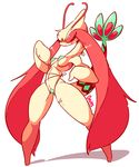  2018 anthro anthrofied bikini blush breasts clothed clothing diives female hair long_hair looking_at_viewer milotic nintendo pok&eacute;mon pok&eacute;mon_(species) raised_tail red_eyes red_hair simple_background skimpy solo string_bikini swimsuit video_games white_background 