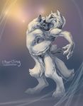  abstract_background ambiguous_gender anthro black_markings canine claws cling cuddling duo eyes_closed fur hug legs_around mammal markings novawuff nude raised_arm smile standing white_fur wolf 