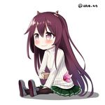  ahenn brown_eyes brown_hair chibi commentary_request holding kantai_collection kisaragi_(kantai_collection) long_hair lowres oni_horns pleated_skirt setsubun simple_background sitting skirt smile solo sweater twitter_username white_background 