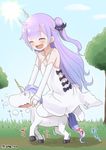  :d ^_^ ahenn ahoge azur_lane closed_eyes commentary_request detached_sleeves dress hair_ribbon horseback_riding long_hair one_side_up open_mouth purple_hair ribbon riding side_bun smile sweat thighhighs translation_request tree unicorn unicorn_(azur_lane) white_dress white_legwear 