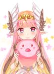  animal blue_eyes blush bracelet circe_(fate/grand_order) circlet dress fate/grand_order fate_(series) feathered_wings head_wings heart heart_eyes highres hiyoko_biimu holding holding_animal jewelry long_hair looking_at_viewer pig pink_eyes pink_hair pointy_ears signature smile solo star wings 