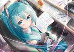  aqua_eyes aqua_hair chair commentary_request daidou_(demitasse) desk detached_sleeves from_above hatsune_miku headset keyboard long_hair looking_at_viewer nail_polish necktie paper pen sitting skirt solo thighhighs twintails very_long_hair vocaloid 