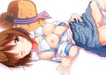  ;) areolae belt blue_bra blue_panties blue_skirt bow bow_panties bra bra_lift breasts brown_eyes brown_hair cleavage hagiwara_yukiho hat hat_ribbon highres idolmaster idolmaster_(classic) looking_at_viewer lying medium_breasts miniskirt nanakusa_amane nipples on_back one_eye_closed open_clothes open_shirt panties panty_pull pussy ribbon shirt short_hair skirt smile solo straw_hat underwear 