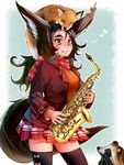  animal animal_ears animal_on_head black_jacket black_legwear blue_background bow brown_hair commentary_request doitsuken ear_ribbon eighth_note fang fang_out fox fox_ears fox_tail holding holding_instrument instrument jacket long_hair long_sleeves looking_at_viewer musical_note on_head orange_sweater original red_eyes red_scarf red_skirt ribbed_sweater saxophone scarf skirt sleeping smile solo spoken_musical_note standing sweater tail tanuki thighhighs zettai_ryouiki 