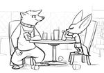  2018 anthro barefoot black_and_white canine chair clothed clothing collar cup disney duo eye_contact female fennec finnick fox fuel_(artist) honey_(zootopia) honey_badger inside male mammal monochrome mustelid side_view sitting standing table wristband zootopia 