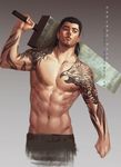  abs beard biceps brown_hair chest facial_hair final_fantasy final_fantasy_xv gladiolus_amicitia male_focus manly muscle over_shoulder scar shirtless solo str_(str2016) sword sword_over_shoulder tattoo weapon weapon_over_shoulder 