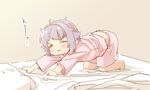  all_fours bed_sheet closed_eyes closed_mouth full_body idolmaster idolmaster_cinderella_girls koshimizu_sachiko lavender_hair pajamas pink_pajamas pink_shirt pink_shorts shirt short_hair shorts sleepy solo stretch yukie_(kusaka_shi) 