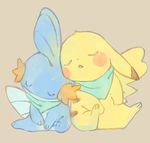  closed_eyes closed_mouth clothed_pokemon facing_viewer gen_1_pokemon gen_3_pokemon grey_background hideko_(l33l3b) mudkip no_humans pale_color parted_lips pikachu pokemon pokemon_(creature) simple_background sitting sleeping 