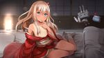  ass_visible_through_thighs blonde_hair blue_eyes blush breasts choko_(cup) commentary_request cup finger_to_mouth flower futon hair_censor hair_flower hair_ornament indoors japanese_clothes kantai_collection kimono long_hair looking_at_viewer night obi off_shoulder one-piece_tan open_clothes open_kimono pillow rensouhou-chan ro-500_(kantai_collection) sash shin_(new) sliding_doors small_breasts smile solo tabi tan tanline tissue_box tokkuri tray 