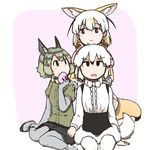  absurdres animal_ears bow bowtie degu_(kemono_friends) eating eyebrows_visible_through_hair fennec_(kemono_friends) food fox_ears fox_tail gloves hand_on_shoulder highres japari_bun kemono_friends multicolored_hair multiple_girls pantyhose rumenia_(ao2is) sitting southern_tamandua_(kemono_friends) tail tamandua_ears tamandua_tail 