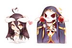  1boy 1girl ahoge ainz_ooal_gown albedo bare_shoulders black_hair black_sclera blush_stickers chibi closed_mouth demon_girl dress elbow_gloves eyebrows_visible_through_hair gloves hair_between_eyes hand_up heart heart_ahoge hood hood_up horns kyuri_tizu long_hair looking_at_another overlord_(maruyama) own_hands_together red_eyes robe sanpaku simple_background skeleton smile standing white_background white_dress wings 