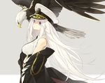  aiguillette azur_lane bangs bird black_coat black_neckwear breasts coat commentary_request eagle enterprise_(azur_lane) from_side grey_background hair_between_eyes hat highres large_breasts long_hair looking_at_viewer military military_uniform necktie open_clothes open_coat parted_lips peaked_cap purple_eyes senmu sidelocks solo uniform upper_body very_long_hair white_hair 