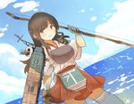  akagi_(kantai_collection) arrow artist_name blush bow_(weapon) brown_eyes brown_hair closed_mouth cloud commentary cowboy_shot day dutch_angle eyebrows_visible_through_hair flight_deck gloves hair_between_eyes hakama hakama_skirt hip_vent ina_(1813576) japanese_clothes kantai_collection kimono long_hair looking_at_viewer muneate ocean partly_fingerless_gloves quiver red_hakama sky smile solo tasuki water weapon white_kimono yugake 