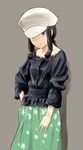  black_hair brown_eyes casual commentary_request green_skirt grey_background hat highres kantai_collection kitakami_(kantai_collection) long_hair looking_at_viewer simple_background sketch skirt solo wa_(genryusui) 