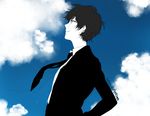 black_hair black_jacket black_neckwear blue_sky cloud cloudy_sky collared_shirt copyright_request glasses jacket long_sleeves male_focus necktie outdoors parted_lips profile shirokuro-kun shirt sky smile solo twitter_username upper_body white_shirt wing_collar 