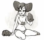  anthro black_and_white breasts candybrat canine clothed clothing crop_top disney ear_piercing female front_view goof_troop holding_object mammal monochrome navel peg_pete piercing pom_poms portrait shirt shorts simple_background sitting sketch skimpy smile solo white_background 