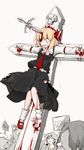  black_skirt blonde_hair blood blood_on_face bolos commentary_request cross crucifixion death english full_body guro hair_ribbon highres impaled leg_warmers long_sleeves multiple_boys nail necktie outstretched_arms red_eyes red_footwear red_neckwear red_ribbon revision ribbon rumia shoes sign simple_background single_shoe skirt skirt_set skull solo_focus sword torn_clothes torn_skirt touhou vest weapon white_background white_legwear 
