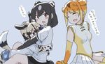  absurdres african_wild_dog_(kemono_friends) african_wild_dog_print animal_ears bear_ears bear_girl bear_tail blush bracelet brown_bear_(kemono_friends) circlet closed_eyes denim denim_shorts dog_ears dog_tail eyebrows_visible_through_hair fingerless_gloves frown gloves golden_snub-nosed_monkey_(kemono_friends) head_on_head highres hug jewelry kemono_friends legwear_under_shorts leotard monkey_ears multicolored_hair multiple_girls open_mouth pantyhose rumenia_(ao2is) shirt short_hair shorts t-shirt tail thighhighs translated 