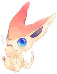  from_behind gen_5_pokemon hand_to_own_mouth hand_up hideko_(l33l3b) highres legendary_pokemon looking_at_viewer looking_back no_humans pokemon pokemon_(creature) signature simple_background sitting solo victini white_background 