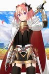  absurdres armor astolfo_(fate) asuteroid bad_id bad_pixiv_id black_legwear blue_sky bright_pupils cape closed_mouth cloud cloudy_sky cowboy_shot day eyebrows_visible_through_hair fate/grand_order fate_(series) field flower flower_field garter_straps gauntlets gorget hair_between_eyes hand_up highres holding holding_sword holding_weapon looking_at_viewer male_focus multicolored multicolored_cape multicolored_clothes otoko_no_ko outdoors petals pink_hair purple_eyes red_cape sky smile solo sword thighhighs weapon weapon_on_back white_cape 