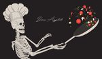  black_background bone chef chef_hat cooking cursive flipping_food food french frying_pan hat highres midair mushroom no_humans noredji omelet original pepper pun ribs simple_background skeleton skull teeth tomato toque_blanche 