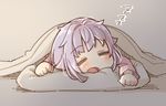  blush closed_eyes eyebrows_visible_through_hair idolmaster idolmaster_cinderella_girls koshimizu_sachiko lavender_hair lying on_stomach open_mouth pillow short_hair sleeping solo under_covers yukie_(kusaka_shi) zzz 