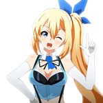  blonde_hair blue_eyes blush dress long_hair mirai_akari ribbon side_ponytail smile wink 