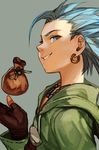  blue_eyes blue_hair brown_gloves camus_(dq11) dragon_quest dragon_quest_xi earrings fingerless_gloves gloves green_background green_jacket hand_up hankuri jacket jewelry looking_at_viewer male_focus necklace open_mouth simple_background smile solo spiked_hair 