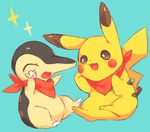  :d ^_^ bandana black_eyes blue_background blush closed_eyes clothed_pokemon cyndaquil gen_1_pokemon gen_2_pokemon hideko_(l33l3b) highres holding no_humans open_mouth pikachu pokemon pokemon_(creature) simple_background sitting smile star 