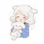  :d animal_ears artist_name ayu_(mog) black_border blue_sweater blush border closed_eyes curly_hair dog dog_ears facing_viewer grey_hair heart holding_dog long_sleeves open_mouth original short_hair signature simple_background smile solo sweater white_background 