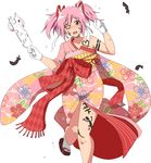  alternate_costume bare_shoulders body_writing commentary_request facepaint floral_print gloves hagoita hair_ornament hair_ribbon hanetsuki happy_new_year japanese_clothes kaname_madoka kimono kyubey mahou_shoujo_madoka_magica new_year obi oman_(evld) one_eye_closed open_mouth paddle pink_eyes pink_hair ribbon sash short_twintails solo tabi twintails two_side_up white_gloves wide_sleeves 