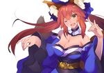  animal_ears bare_shoulders blue_ribbon bow breasts cleavage collarbone commentary_request detached_sleeves eyebrows_visible_through_hair fang fate/extra fate/grand_order fate_(series) fingernails fox_ears fox_shadow_puppet fox_tail hair_bow hair_ribbon highres japanese_clothes kamakura_(clupeoidei) large_breasts long_hair multiple_tails one_eye_closed open_mouth pink_hair ribbon simple_background solo tail tamamo_(fate)_(all) tamamo_no_mae_(fate) white_background yellow_eyes 