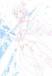  absurdres bangs bare_shoulders bdsm blue_hair blush bondage bound bound_wrists butterfly_hair_ornament eyebrows_visible_through_hair feathered_wings flower frills hair_between_eyes hair_flower hair_ornament hands_together highres leg_garter long_hair love_live! love_live!_school_idol_festival love_live!_school_idol_project microphone neck_ribbon open_mouth partially_colored ribbon scan shorts sleeveless solo sonoda_umi spot_color standing striped tani_takuya wings yellow_eyes 
