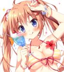  1girl :q ahoge bangle bangs bikini blush bracelet breasts cherry collarbone cup flower flower_bracelet food front-tie_bikini front-tie_top fruit hair_ornament hair_scrunchie halterneck hand_on_forehead haruka-chan_(pan_(mimi)) holding holding_cup ice jewelry long_hair looking_at_viewer medium_breasts nail_polish orange orange_hair orange_slice original pan_(mimi) pendant pink_flower pink_nails purple_eyes scrunchie sidelocks solo sparkle spoon striped swimsuit tongue tongue_out twintails upper_body yellow_bikini 
