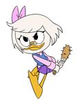  2018 5_fingers anthro avian band-aid bandage baseball_bat bird clothing digital_media_(artwork) dot_eyes dress duck ducktales ducktales_(2017) female flowerimh hair melee_weapon nails pose short_hair simple_background solo standing weapon webby_vanderquack white_hair 