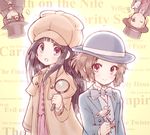  2girls black_cape black_hair blue_suit bluez bowler_hat brown_eyes brown_hair cane cape chitanda_eru commentary_request cosplay deerstalker detective fukube_satoshi green_eyes hat hyouka ibara_mayaka kimi_ni_matsuwaru_mystery long_hair looking_at_viewer monocle multiple_boys multiple_girls one_eye_closed oreki_houtarou purple_eyes purple_neckwear short_hair top_hat upper_body upside-down wall_of_text 