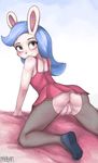  2018 absurd_res all_fours anthro blue_hair blush bottomless breasts butt clothed clothing digital_media_(artwork) dress ex_(welcome_to_doozy) eyelashes female fishnet fur grey_eyes hair hi_res lagomorph legwear long_hair looking_at_viewer looking_back ma-cadam makeup mammal pantyhose pose presenting presenting_hindquarters presenting_pussy pussy rabbit rear_view solo spread_legs spreading upskirt welcome_to_doozy white_fur 