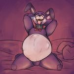  2017 abdominal_bulge bed belly big_belly bonnie_(fnaf) eskaria145 five_nights_at_freddy&#039;s fur kneeling lagomorph male mammal oil open_mouth pink_eyes purple_fur rabbit smile tongue tongue_out video_games vore 