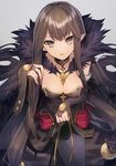  1girl bangs between_breasts black_dress black_eyes breasts bridal_gauntlets brown_hair cleavage collarbone commentary_request dress eyebrows_visible_through_hair fate/apocrypha fate/grand_order fate_(series) fur_trim grey_background head_tilt long_hair looking_at_viewer medium_breasts parted_lips pointy_ears semiramis_(fate) simple_background solo v-shaped_eyebrows very_long_hair 