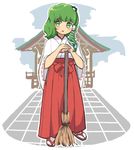  :d blush broom commentary_request frog_hair_ornament full_body green_eyes green_hair hair_ornament hakama highres japanese_clothes kochiya_sanae long_sleeves looking_at_viewer miko open_mouth outdoors red_skirt sandals sasa_kichi shrine skirt smile snake_hair_ornament solo standing tabi touhou white_legwear wide_sleeves 
